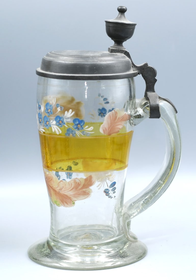 Vintage Glass Beer Stein: Blown Glass and hand decorated with a pewter top. (NOTE-Weight and dimensions are before packaging) Total height-9 3/4". Base dia-4 3/4". Weight- 2lbs 8.8oz.