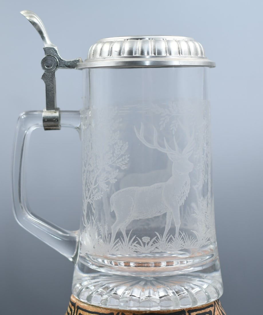 Vintage Glass Beer Stein: Made in Italy glass stein with pewter top & Deer etching. (NOTE-Weight and dimensions are before packaging) total height-7 1/2". Base dia-3 3/4". Weight- 2 lb .75oz.