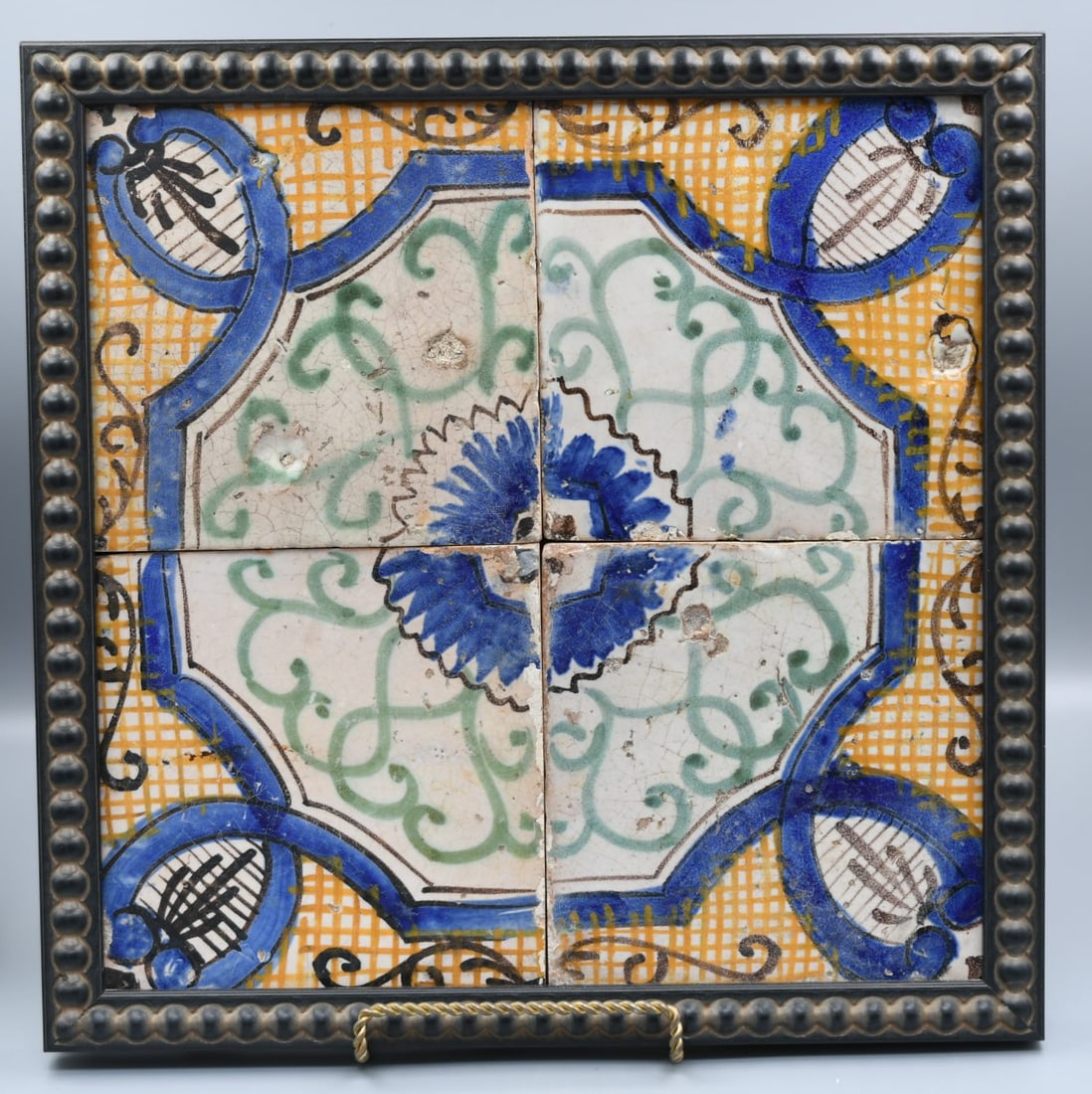 Antique Italian Tile: 19th century Italian tile in a frame. (NOTE-Weight and dimensions are before packaging) frame- 16 7/8" x 16 7/8"x 1 1/2". Weight- 11lbs 12oz.