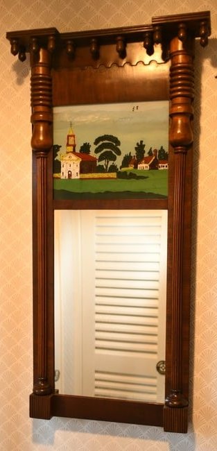 Wall hanging mirror: O. G. mirror, Reverse painted (does not appear to be original painting or glass.) The frame looks all original. please view all photos. Square nailed and original back. (NOTE-Weight and dimensions are