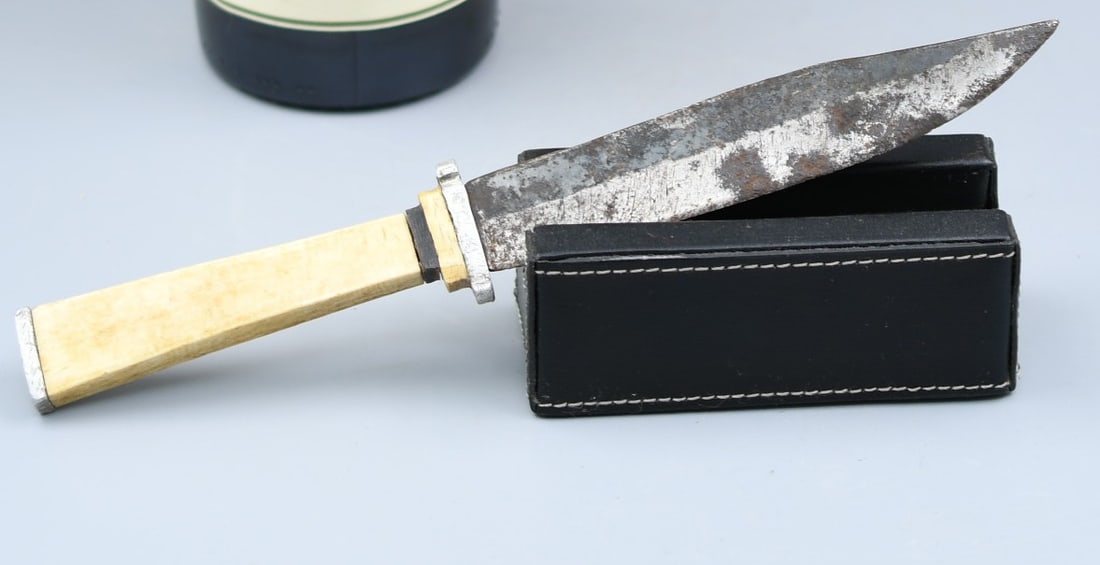 Hand made Knife: Hand made Knife with steel blade, Aluminum & wood band on bone handle . (NOTE-Weight and dimensions are before packaging) Handle-3 1/2". Blade-5 1/4". Weight- 2.95oz.