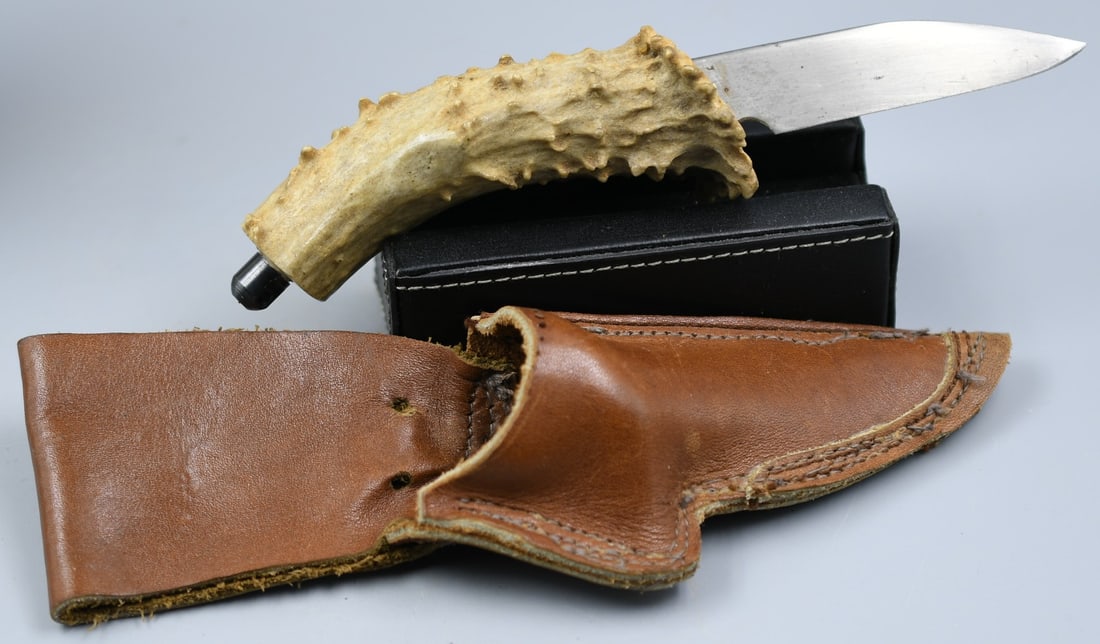 Handmade Knife: Handmade knife with antler handle. (NOTE-Weight and dimensions are before packaging) Handle-3 3/4". Blade-3 1/4". Total weight- 5.30oz.