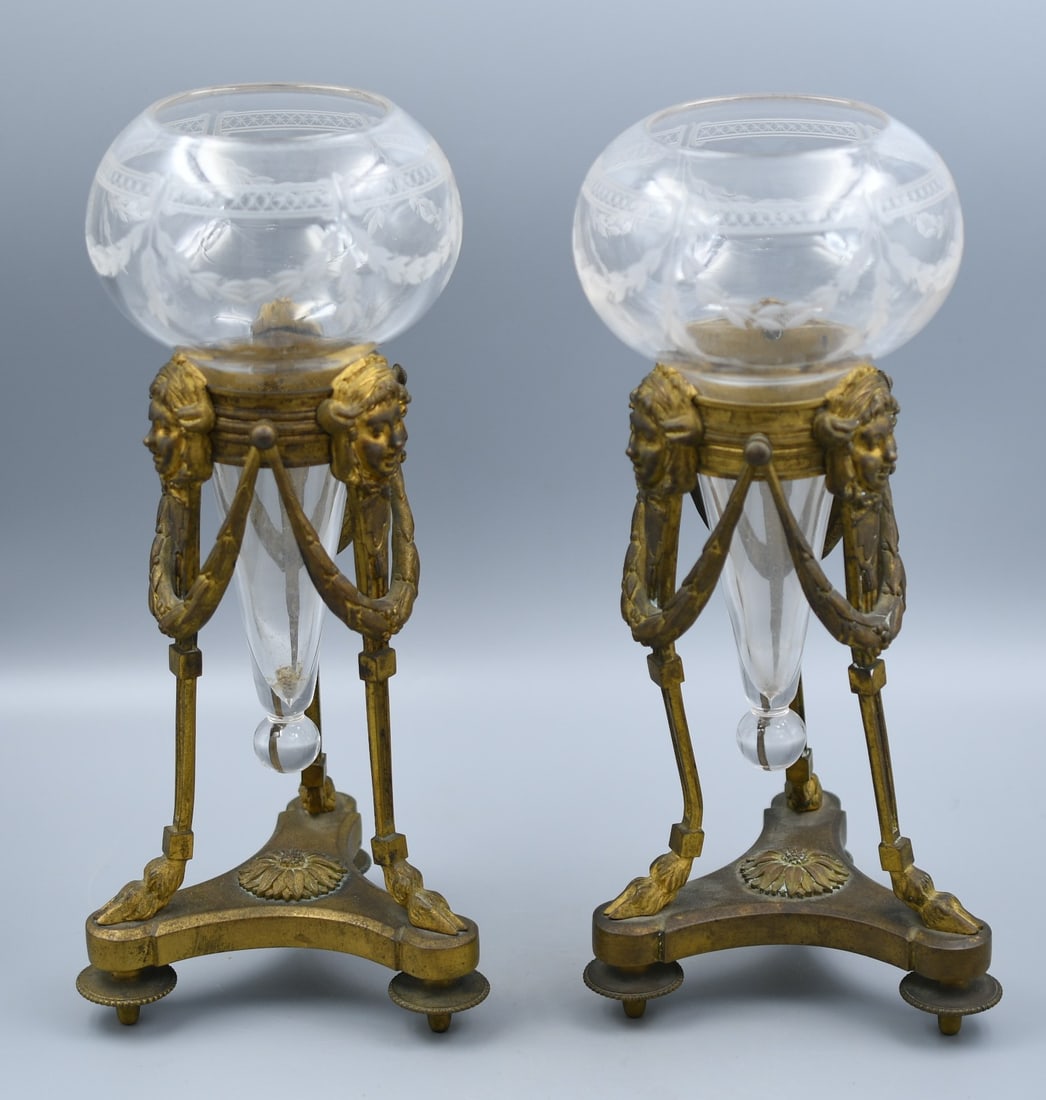 Art Nouveau Vases: Pair of 19th Century Louis XVI-style Etched glass vases with bronze stands. (NOTE-Weight and dimensions are before packaging) dimensions-5 1/2"x 5 1/2" x 11"H. Combined weight-5lbs 13oz.