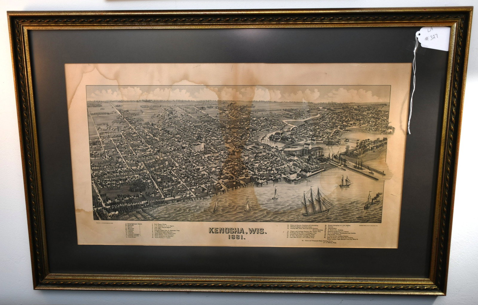 Kenosha, WIS. 1881: Framed Print Published by J.J. Stoner, Madison, WIS. Beck & Paul Lith, Milwaukee, WIS. (This ships through the UPS store in Stoughton, WI) print inside the matting- 27 1/4" x 15 3/8". Frame- 35 5/8" x