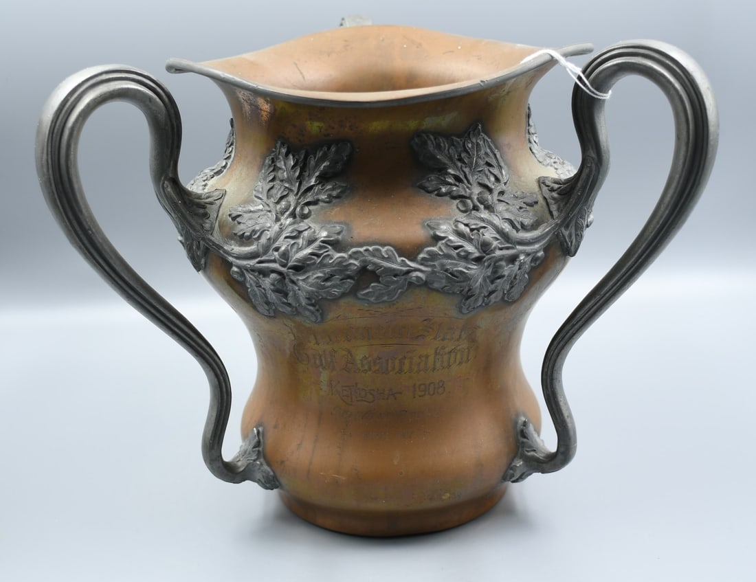 1908 Kenosha Golf Trophy: Wisconsin State Golf Association, Kenosha, 1908. Selected score won by (name is blank). Copper and Pewter. Barbour Silver Co. C2099. (NOTE-Weight and dimensions are before packaging) overall Height-10