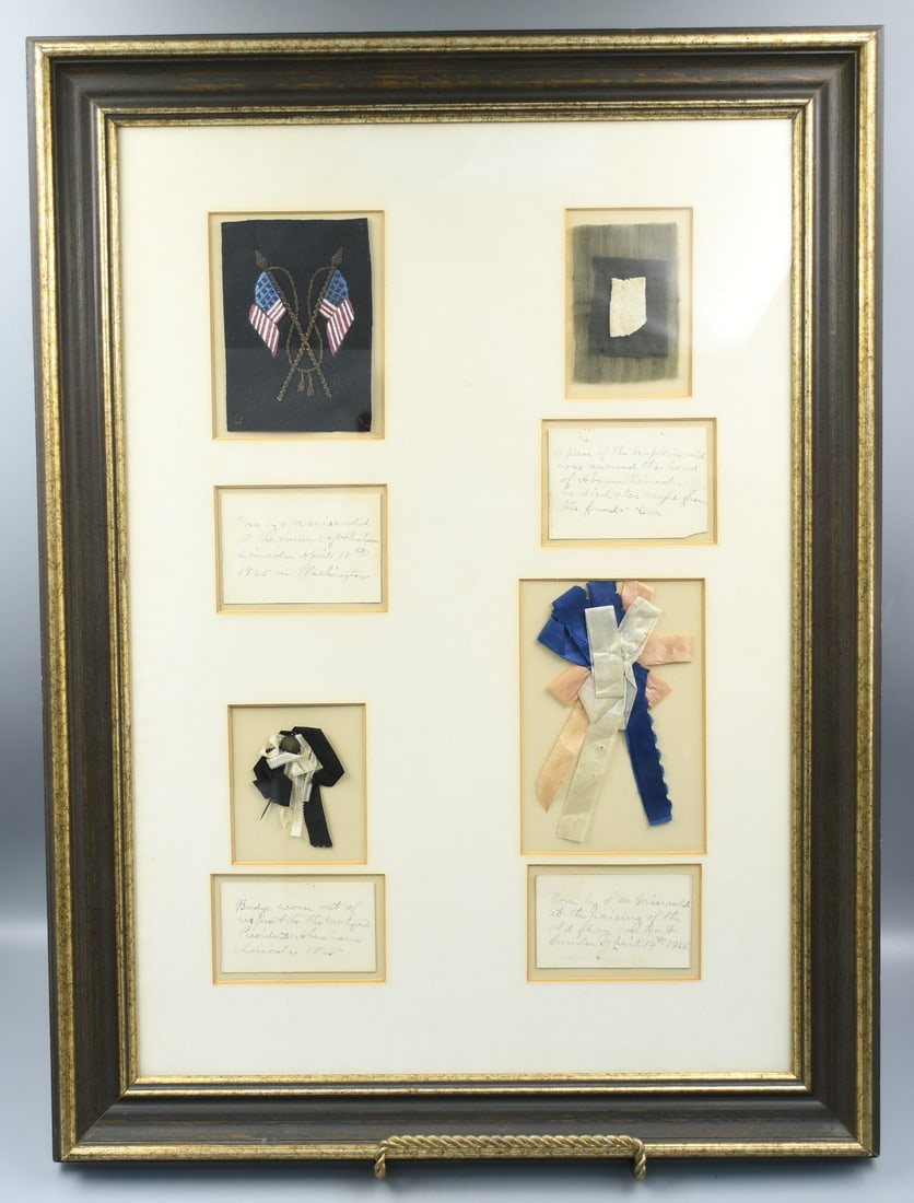 Abraham Lincolns Funeral Relics: (More items pertaining to Griswold are posted throughout this auction.) A piece of the napkin that was around Abraham Lincolns Head when he died that is displayed over crepe from the funeral cart. Acc