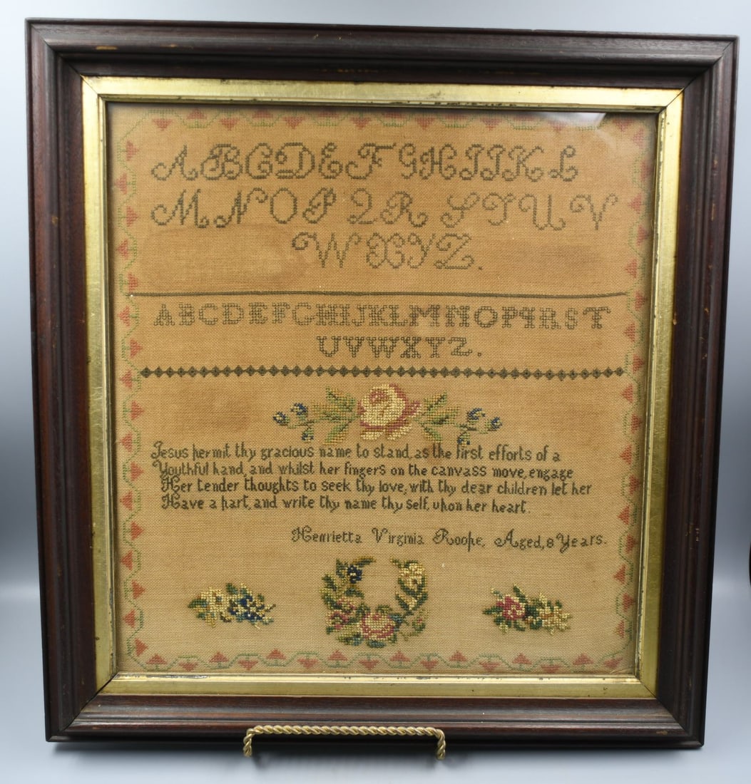 Henrietta Virginia Roop Sampler 1846: Made when she was 8 years old. Henrietta was the first wife of the honorable S.M. Griswold (New York Senator) Measures 19.5" x 18.5" (NOTE-Weight and dimensions are before packaging)