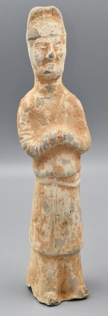 Chinese pottery: Believed to be Chinese Tang Dynasty figure in a robe with folded hands. Believed to be circa 900A.D. (NOTE-Weight and dimensions are before packaging). figure-9 1/2"T, approx. 2" wide. Weight-15.05oz.