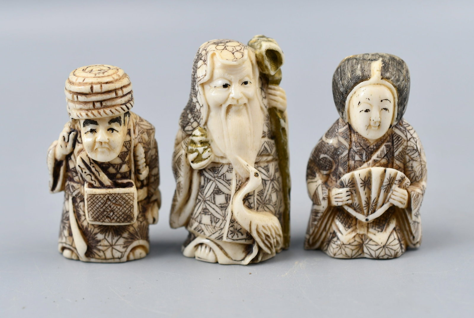 3 Carved Netsuke's: 3 Carved Netsuke's. (NOTE-Weight and dimensions are before packaging) approx-2"H, 3/4"W. Combined weight-3.oz.
