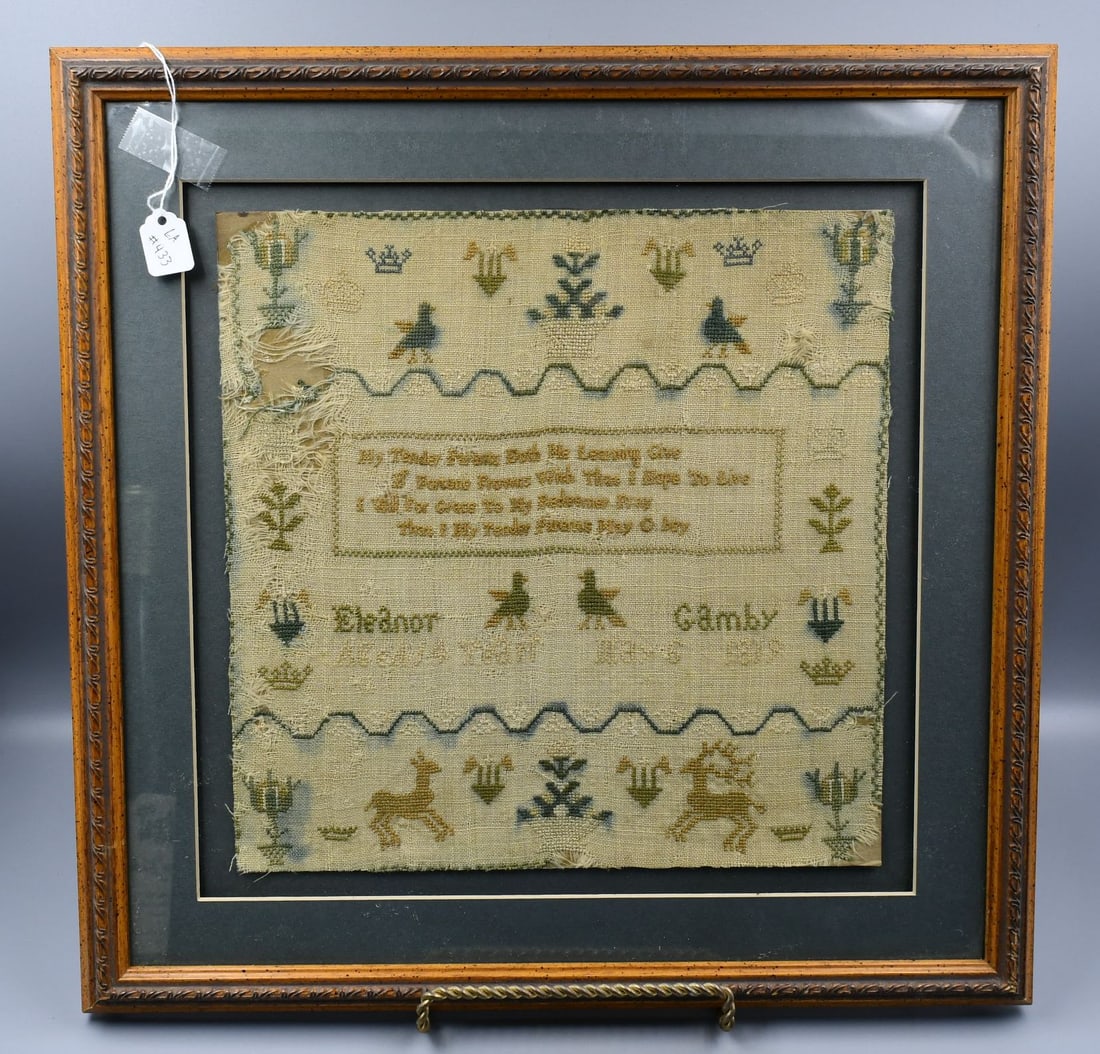 1819 Antique Sampler: Sampler in a frame done in 1819 by Eleanor Gamby, age 14. (This ships through the UPS store in Stoughton, WI) Frame-16 3/4" x 16 3/4" x 1". Weight-3lbs 1oz. (NOTE-Weight and dimensions are before pack