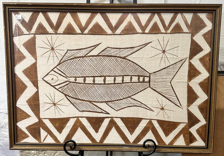 Ivory Coast Senoufo Cloth: Painted 6 cotton textile panels sewn together from Senoufo peoples of Korhogo Region, Ivory Coast W. Africa, set in a frame. ( this will ship through the UPS store in Stoughton, WI unless you request 