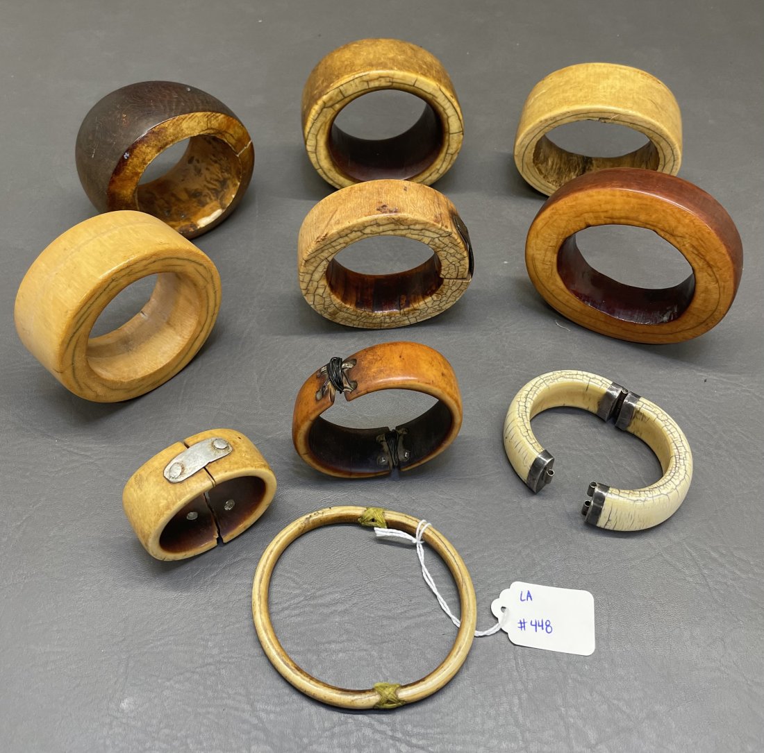 Lot of 10 African Natural Bone Bangles: A wonderful assortment of Bangles from African travels.Range from inside diameters of 3" down to 1-3/4".(NOTE-Weight and dimensions are before packaging)