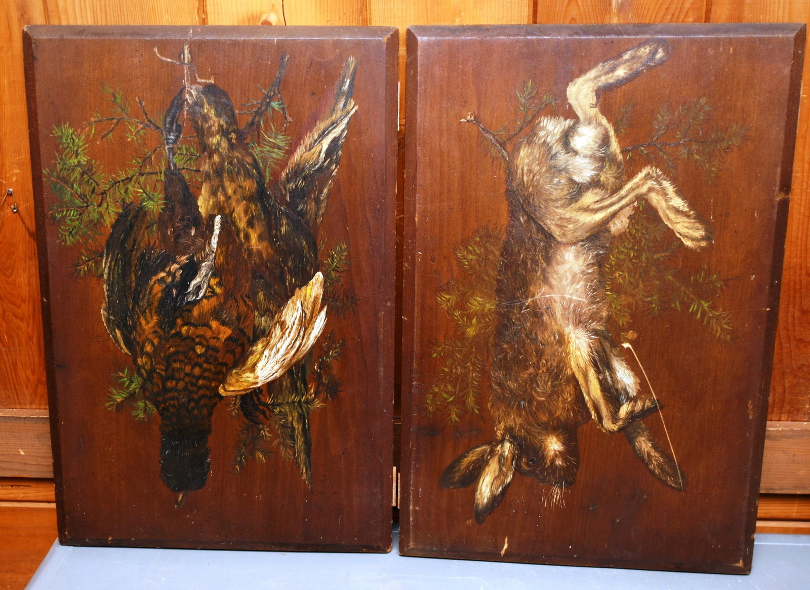 Vintage Wild Game Paintings: Vintage Wild Game Painting on solid wood panel, 1 painting of a Pheasant, 1 painting of a Rabbit. (NOTE-Weight and dimensions are before packaging) Wood Panel dimensions-16 1/2"W x 24 1/2"H x 1"D. Com