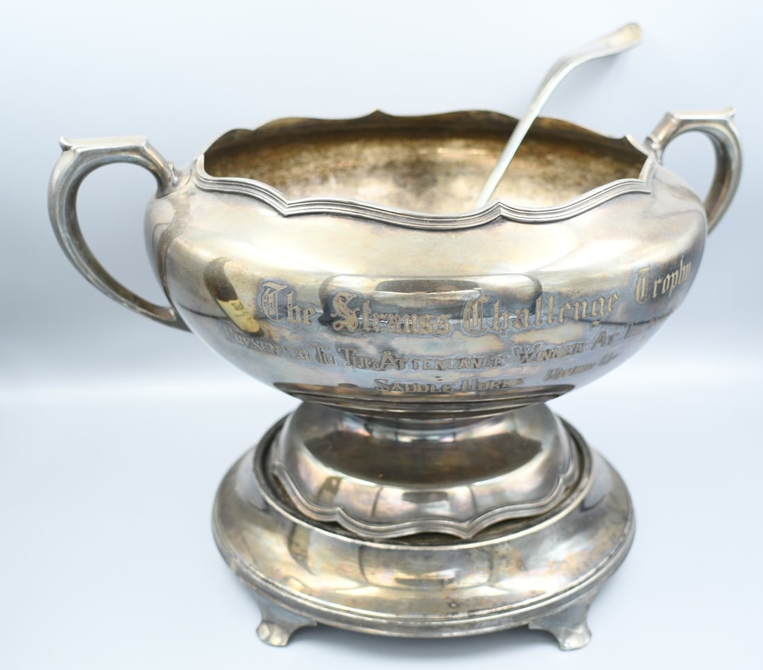 Silver Plated "Round Up" Trophy: "The Strauss Challenge Punch Bowl Trophy"-"Presented to the attendance winner at the Indianapolis Saddle Horse Round Up. Silver plated three piece punch bowl trophy. A platform, Punch Bowl & ladle. Ma
