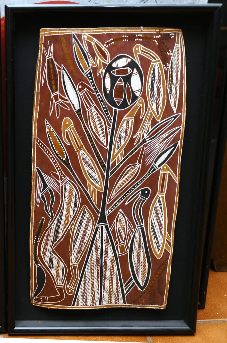 Burada Tribal Painting: Peter Banjurljurl of the Burada tribe painting on tree bark hung in a frame. (This ships through the UPS store in Stoughton, WI) READ OUR SHIPPING POLICY'S! bark-24 1/4"x 12 1/2". Frame-16 3/4"x 28".