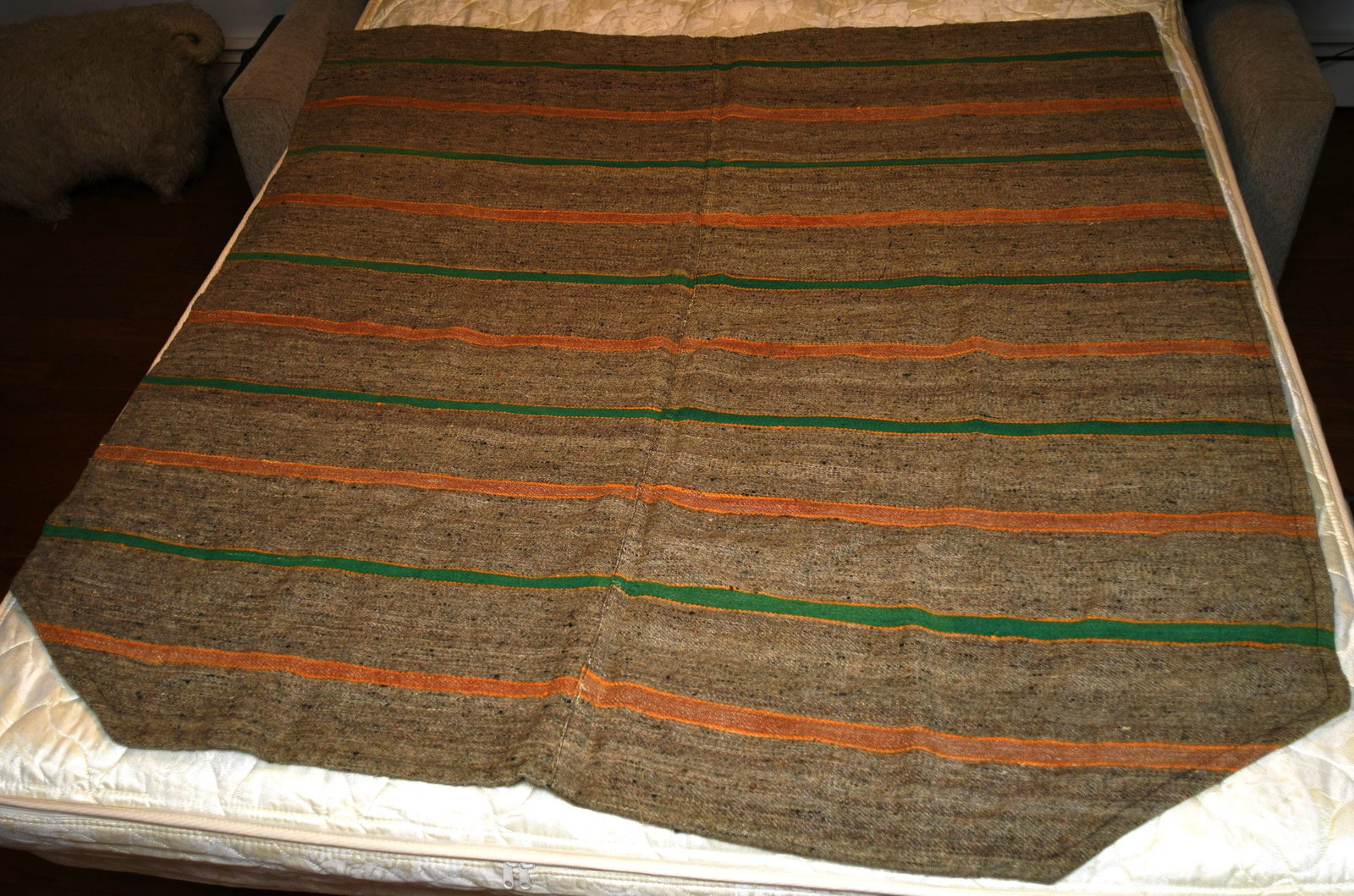 Hand Loomed Blanket: Vintage hand loomed 2 piece blanket for poster bed. Hand sown edge. (NOTE-Weight and dimensions are before packaging) 57"x 59"