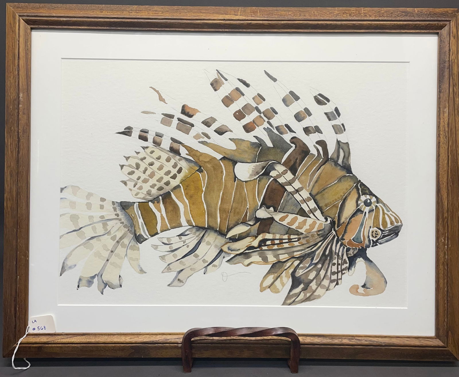 Water Color "Lion Fish": Original water color painting of a Lion Fish. Signed "O". Painting- measures 14 1/4" x 20 1/4", Frame- 20 1/2" x 26 1/2". All framed art will be shipped through the Stoughton, WI UPS store.