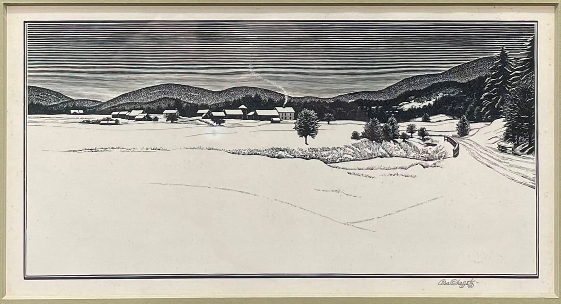 Mid Winter by Asa Cheffetz: Mid-Winter Limited edition signed original wood engraving by Asa Cheffetz 1897 - 1965. Engraving measures 4 3/4" x 9", Frame-11 3/4" x 16" All framed art will be shipped through the Stoughton, WI UPS