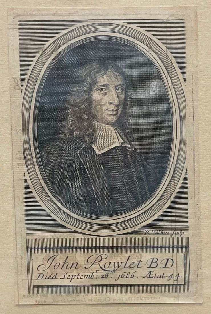 John Rawlet B.D.: Original John Rawlet B.D. Portrait engraving. Engraving by Robert White of London(1645-1704). Engraving-6 1/2" x 4". Frame-15" x 12". All framed art will be shipped through the Stoughton, WI UPS store