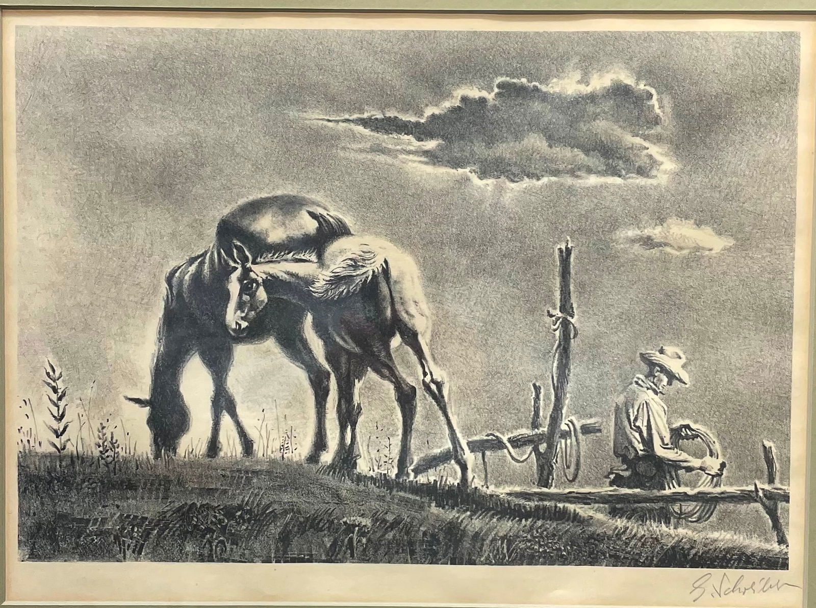 Mare & Colt by Georges Schreiber: Mare & Colt lithograph signed in pencil by Georges Schreiber(American 1904-1977). Litho-10 1/4" x 14 1/4". Frame-17 3/8" x 21 1/8". All framed art will be shipped through the Stoughton, WI UPS store.