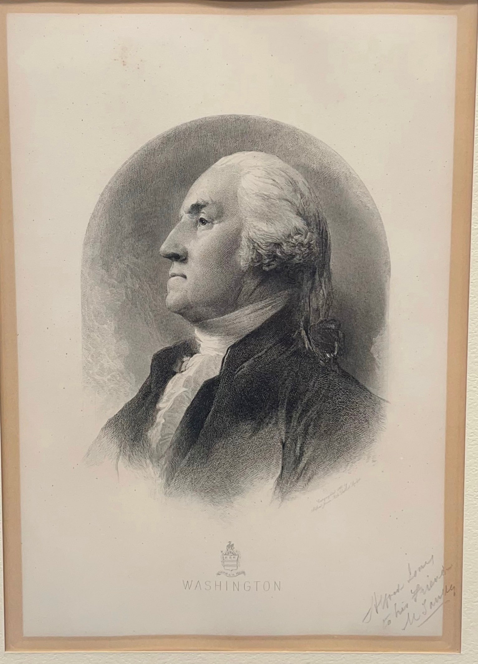 George Wahington Signed by Alfred Jones: George Washington etching. Pencil Signed by artist Alfred Jones presented to his friend (can't make out the name). Copyright 1897.Alfred Jones (1819 in Liverpool, England – 1900 in New York City