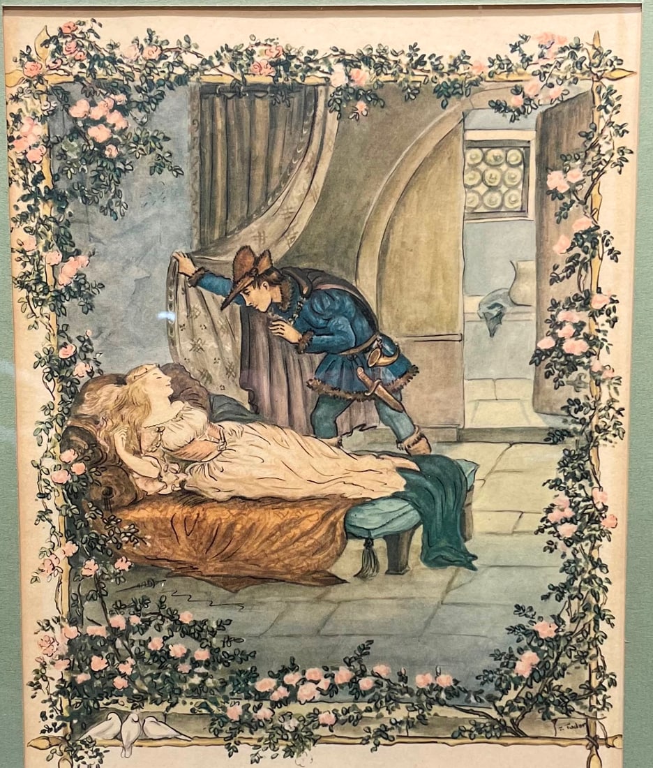 4 "Fairy Tale" Prints By Tasha Tudor: Vintage set of 4 Prints. "Sleeping Beauty", "The Emperors New Cloths", "The Valiant Tailor" and "Rumplestiltskin" colored prints by Tasha Tudor. Prints-11 1/2" x 9". Sleeping Beauty Frame-18" x 14". 3