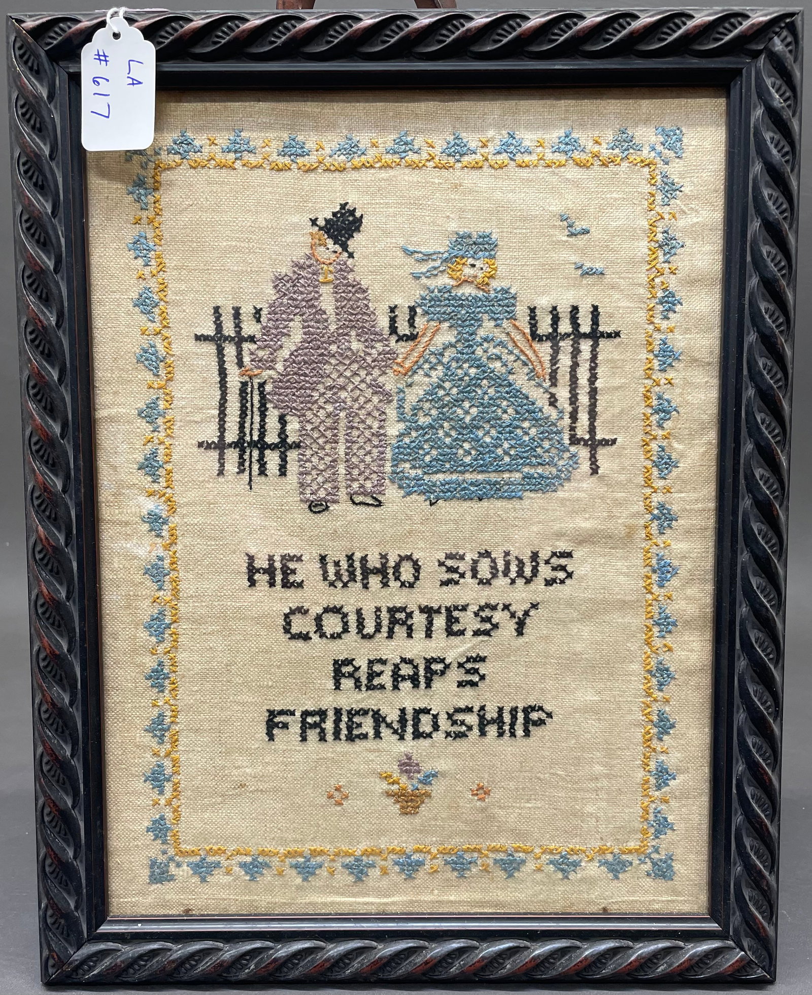 Framed Needle Point: Framed needle point. "HE WHO SOWS COURTESY SOWS FRIENDSHIP". Appears to have considerable age. Cross Stitch-12 1/4" x 9 1/4". Frame-14" x 11 1/8". All framed art will be shipped through the Stoughton,