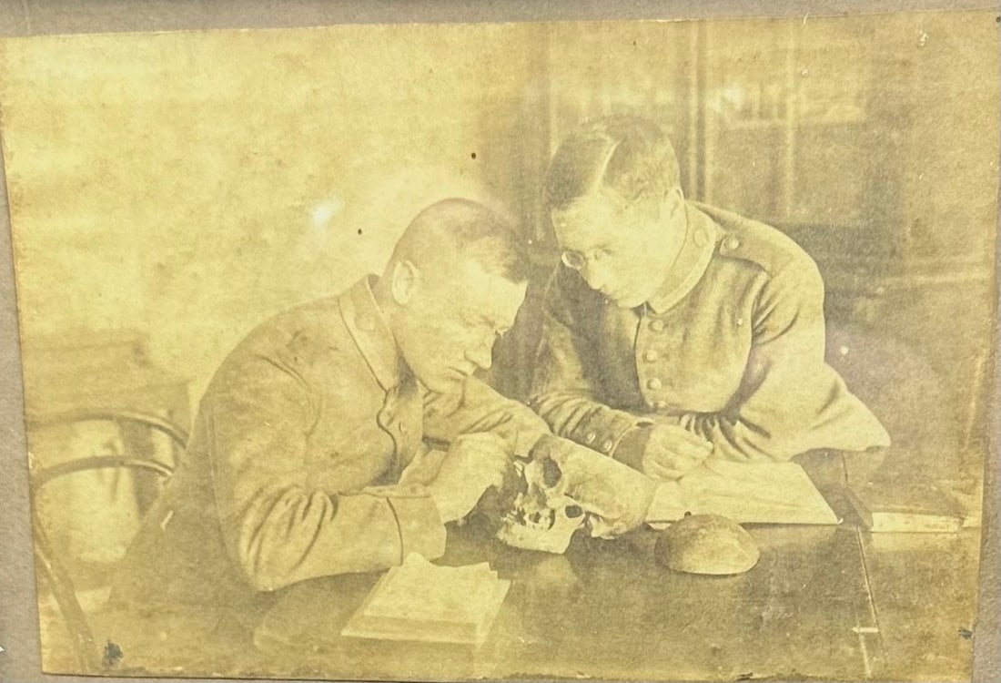 Antique Photo Of Anthropologists: 2 Scientists examining a human skull 4" x 5-5/8" photo in an oak frame. This can be mailed outside the frame if requested.