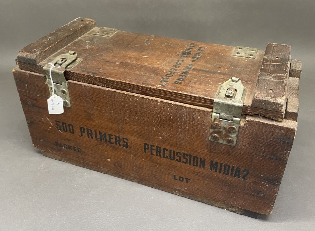 Antique Cannon Primer Box: Vintage Cannon Primer M1B1A2 crate with original hardware and markings. 10 1/2" x 21 3/8" x 9".