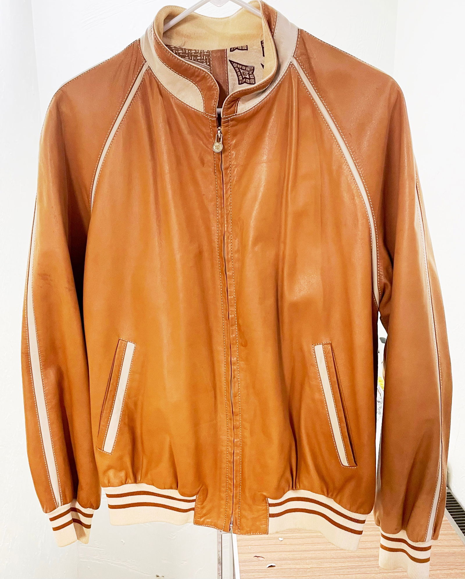 Mid Century Men's Maus and Hoffman Leather Jacket: Maus and Hoffman Jacket. U.S. Size 40. EU size 50. Made in Italy. Leather outside, inside liner is 100% Pure Silk with Cotton neck and cuffs.