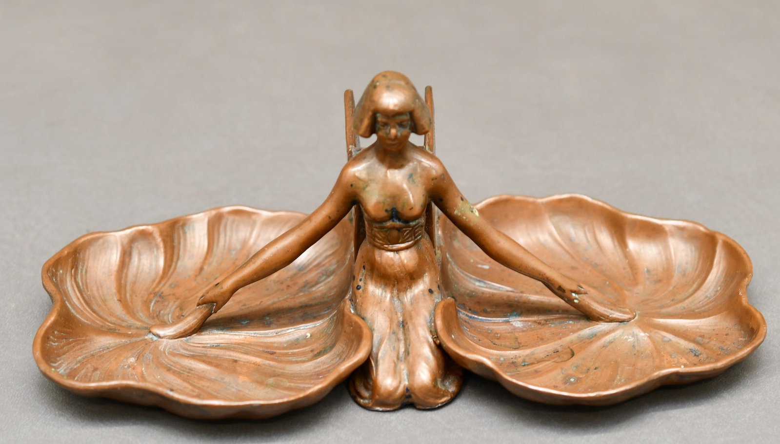 Art Nouveau Bronze Ashtray: Bronze Art Nouveau ashtray with match box holder stamped 3780 on the bottom. Dimensions given are for the item & weight is with the packaging.