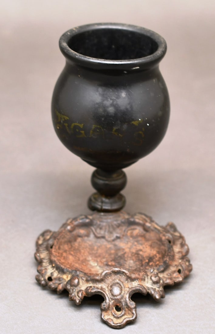 Antique Cigar Stand/Ashtray: This is the first one of these I've seen. The cup is wood and has Cigars Painted across the front, the bottom is cast iron with a bird that looks like an eagle inside center. Dimensions given are for 