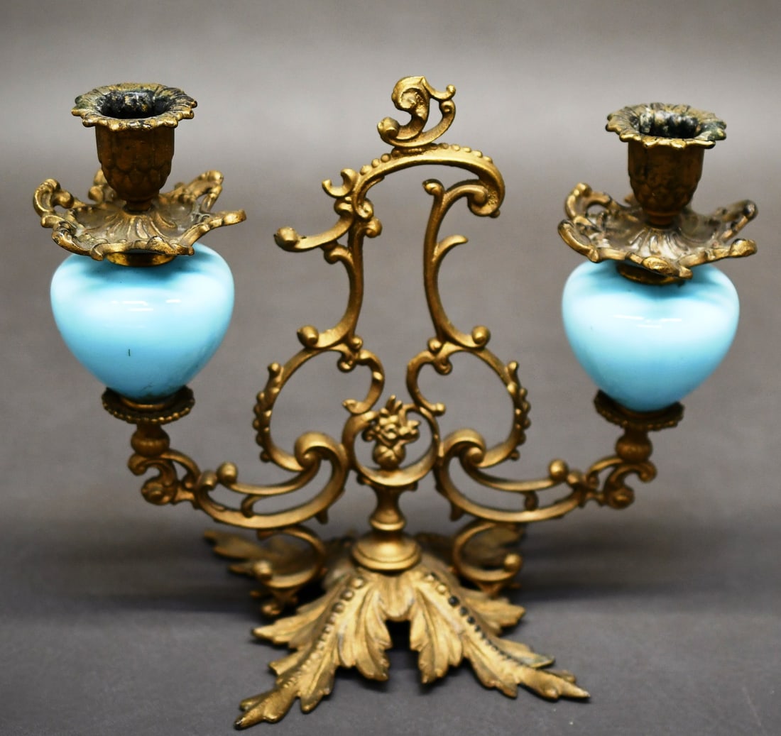 Victorian Candelabra Cast Iron & Blue Opaline Glass: Beautiful Antique Victorian candle holder in as found condition, has no visible maker mark. Dimensions given are for the item(s) & weight is with the packaging.