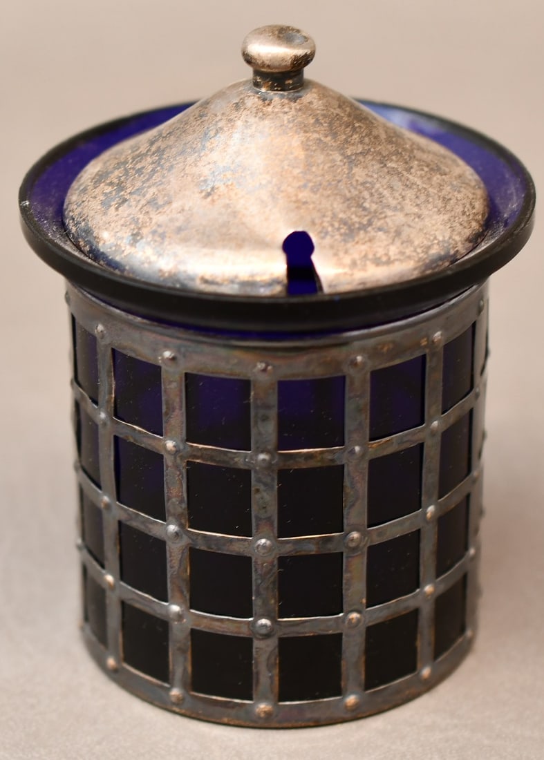 Jelly or Mustard Jar, Cobalt w/Sterling Silver: The lid and the square pattern wrapped around it are stamped sterling silver, there is no spoon. Dimensions given are for the item(s) & weight is with the packaging.