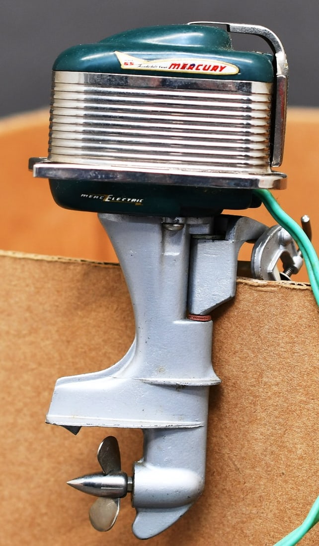 Vintage Mercury "Merc Electric" Batt Opp boat motor: All Metal Electric Model Boat Motor Thunderbolt Four 55 hp. Dimensions given are for the item(s) grouped as prepared for packing & weight is with the packaging.
