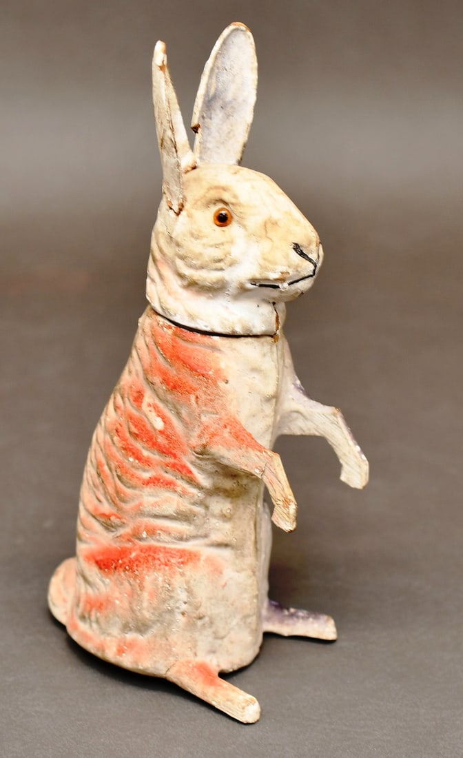 1920's Paper Mache Rabbit Candy Container: Glass eyes and wood limbs this is part of the late Proffessor John Tolch Estate of UW Madison Childrens Theatrics. Other items from this estate will include postcards, Heisey Glass, and Art to name a 