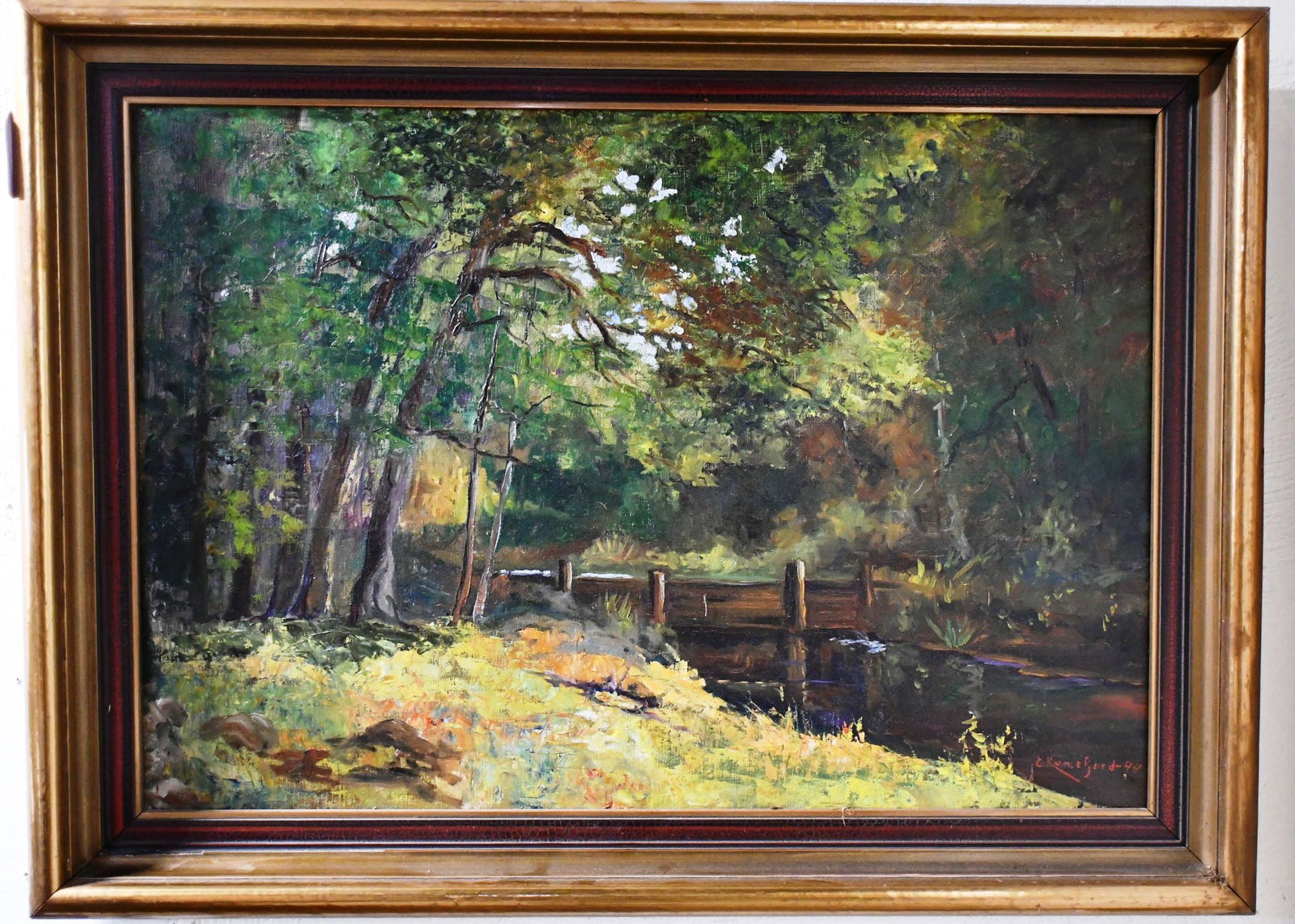 Oil Painting by E. Runefjord cir 1944: The painting on canvas is 32-1/4" x 22-1/2" in a heavy wood frame. Hans Emil Sture Runefjord , born February 26, 1903 in Svedala , Malmöhus county, died November 3, 1973, was a Swedish painter and cr
