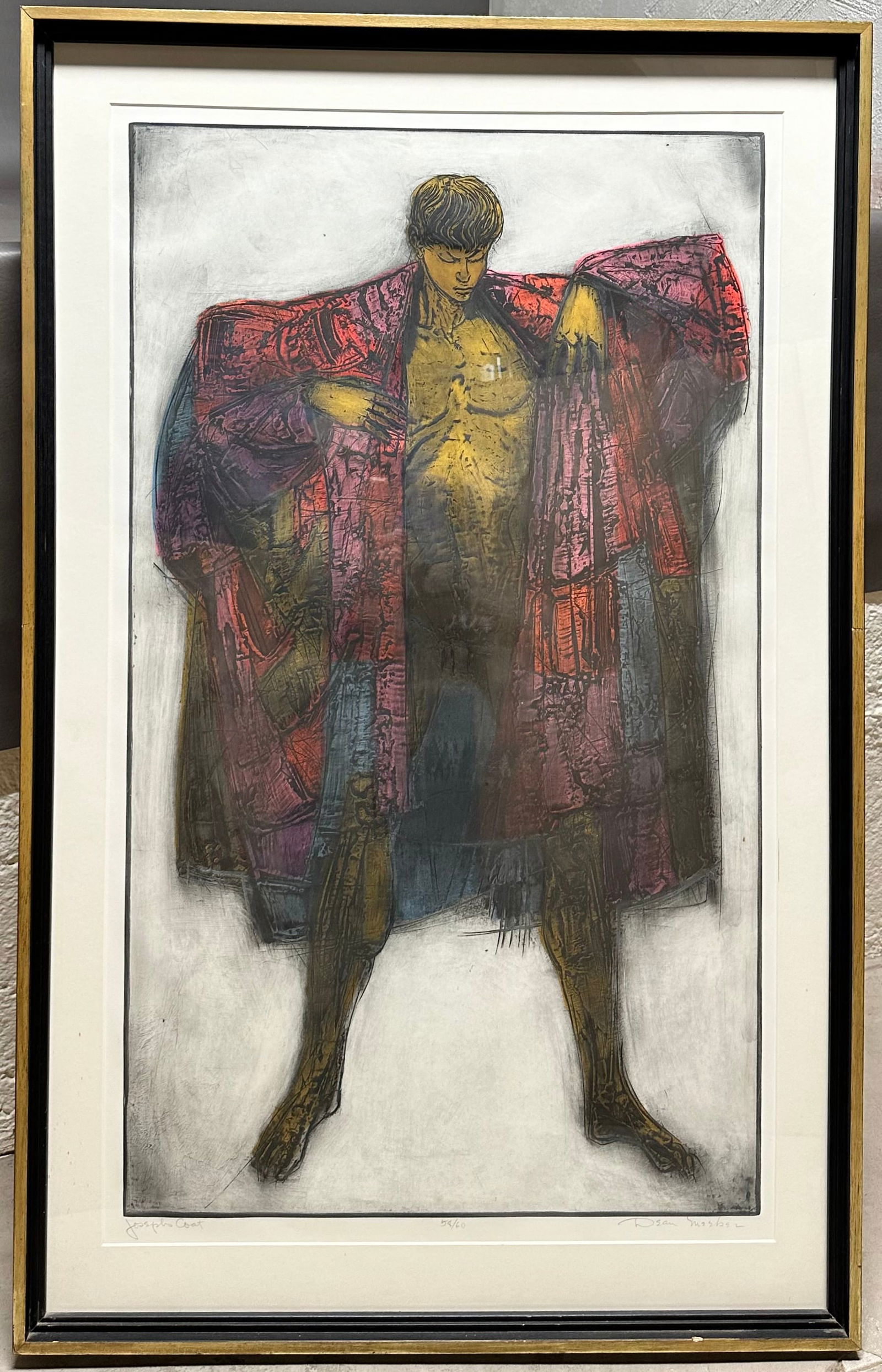 Dean Meeker lithograph "Josephs Coat" signed & no. 58/60: Actual size is 36" x 22" with frame is 40-5/8" x 25-7/8". This was part of the collection of Professor John Tolch of UW Madison theatrics dept. who was friends with the artist. IF RQUESTED WE CAN REMO