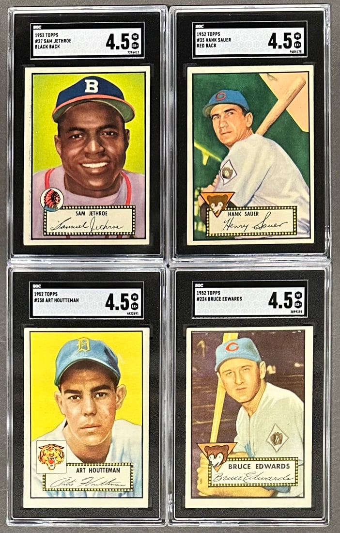 4- 1952 Topps Baseball SGC Graded 4.5 Cards: no 27 Sam Jethroe Graged 4.5 SGC no 7296412, no 35 Hanl Sauer Graded 4.5 SGC no 9684178, no 224 Bruce Edwards Graded 4.5 SGC no 3899359, no 238 Art Houtteman Graded 4.5 SGC no 4422691