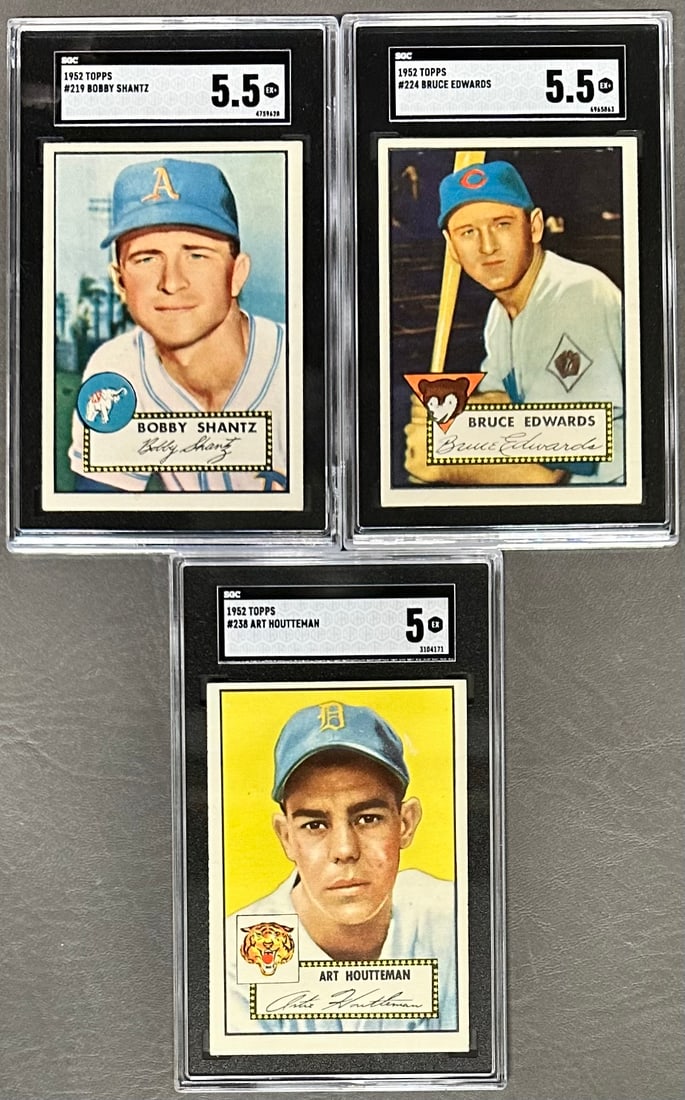 3- 1952 Topps Baseball SGC Graded 5 & 5.5 Cards: no 19 Bobby Shantz Graded 5.5 SGC no 4759628, no 224 Bruce Edwards Graded 5.5 SGC no 6965863, no 238 Art Houtteman Graded 5 SGC no 3104171
