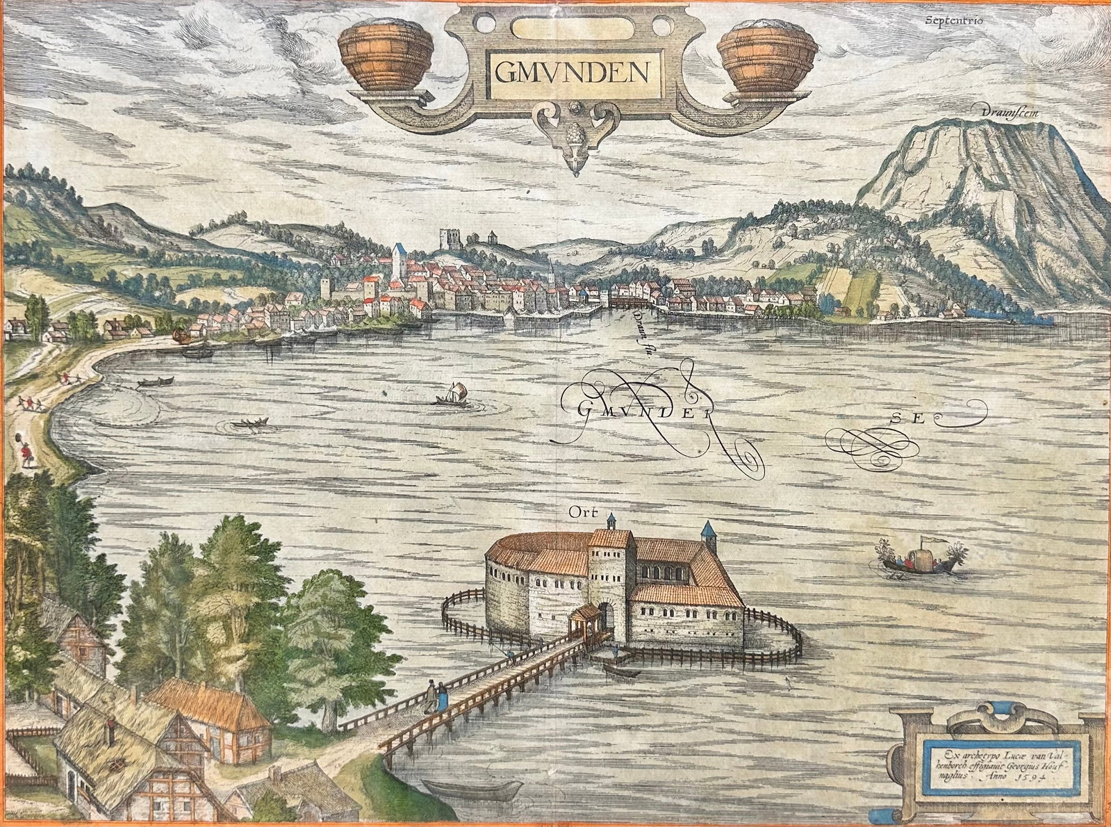 Map 16th Century From Civitas Orbis Terrarum: 16-1/2 x 21-1/2 "Gmunden" Austria map. On the bottom right of the map it translates; George Houf Naglius used the original of Lucae Van Valkenborch in 1594 for hand colored engraving in Civitates Orbi
