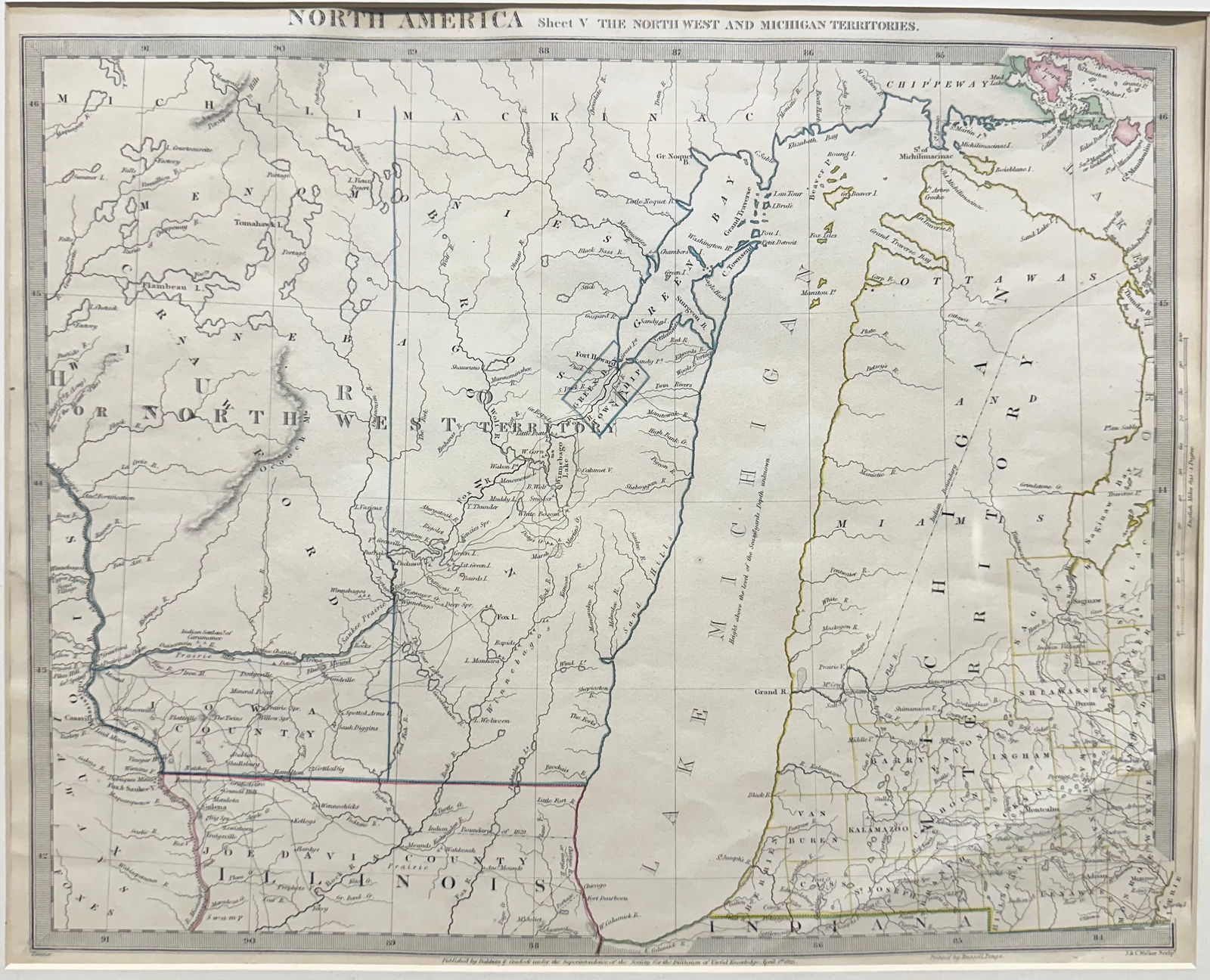 Map 1833 North America North West & Michigan Territories: This Hand colored 16 x 30 map was published by Baldwin & Cradock under the superetendence of the society for the diffusion of usful knowledge April 1st 1833, and printed by Russell Penge. On the botto