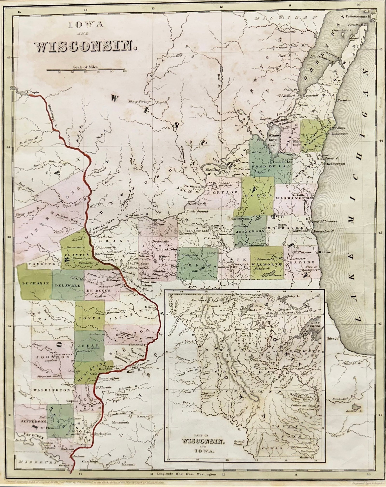 Map 1833 Iowa & Wisconsin: This 17-5/8 x 13-1/2 hand colored map was engraved by G.W Boynton, this is not framed but in between matting and poster board.. Dimensions given are for the map as prepared for shipping & weight is wi