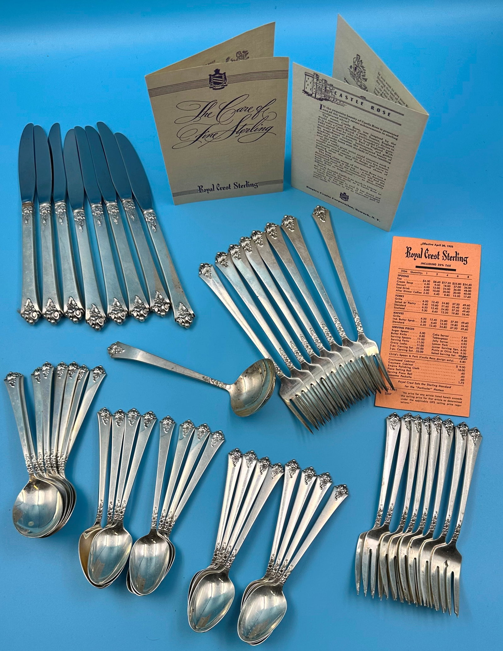 Sterling Silver Royal Crest "Castle Rose" 49 pc Vintage Flatware Set: actual weight is 1,418 grams + knives. 5 piece place setting + ladle. Service for 8 plus 8 extra spoons; Table knives, Bouillon/Soup spoons, salad forks, 7-5/8" dinner forks, tea spoons, Ladle, plus t