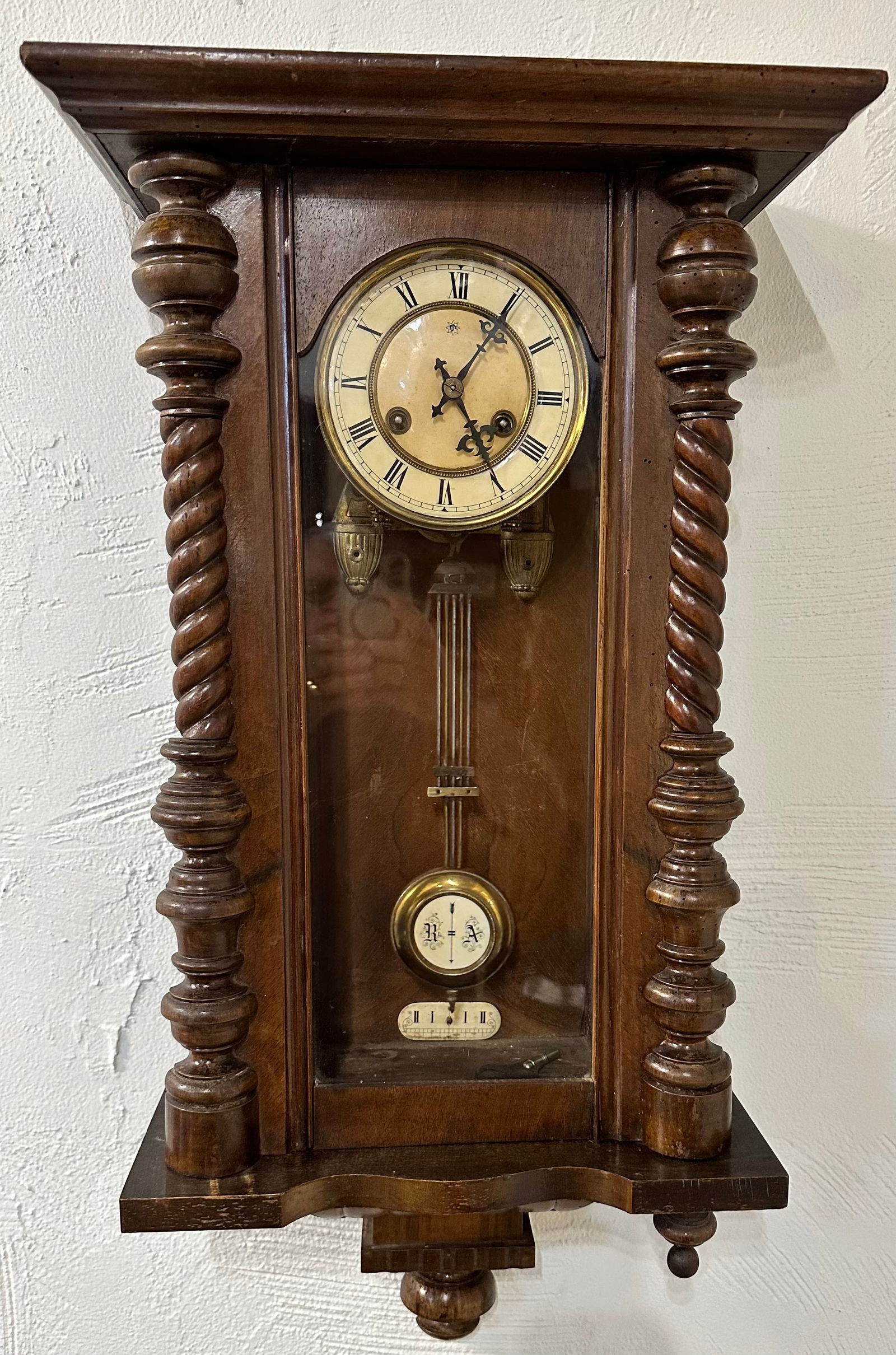 German Antique Regulator Wall Clock "Junghans": Perfect working order, original key & pendulum, keeps perfect time for a number of days, mixed wood case with a walnut finish. Shipping dimensions given are for the item(s) grouped as prepared for pac