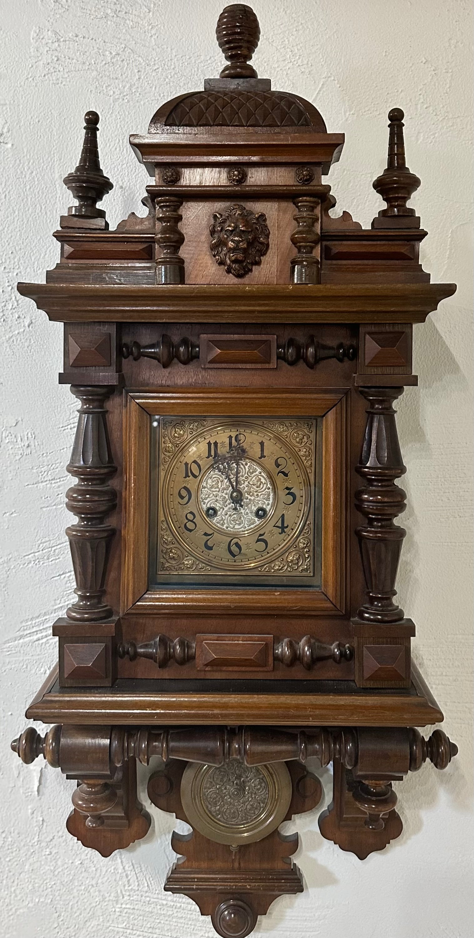 German Antique Regulator Wall Clock "L. Kellner": Beautiful Walnut case, and It's not wound tight but we couldn't keep it running. Shipping dimensions given are for the item(s) grouped as prepared for packing & weight is with the packaging.