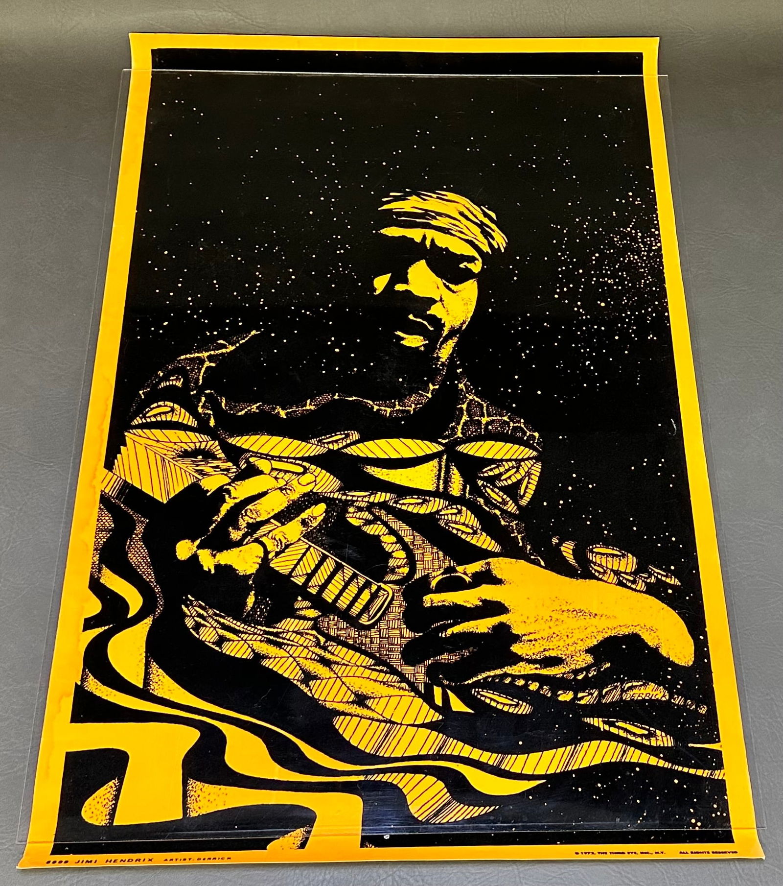 Jimi Hendrix Original 1972 Black Light Poster: RARE Jimi Hendrix black light poster on felt textured heavier paper copyright 1972 to The Third Eye Inc. 32-1/5" x 21-1/5". This will ship in a hard plastic shipping tube rolled up. Shipping dimension