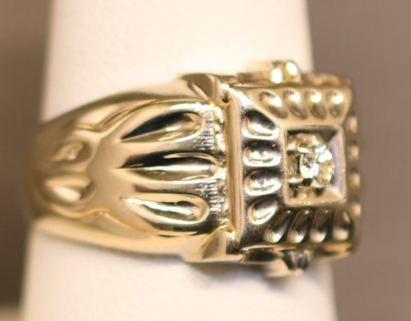 14k Gold Gents Solitaire Style 0.08 ct Diamond Ring: 14k white gold (stamped inside shank) Size 9; 8.0 grams mounted, Jewelers hallmark 'H&R' (stamped inside shank). Width across top is 13.6mm tapering to 3.3mm shank. One 2.75 x 2.85 (x1.75)mm round bri