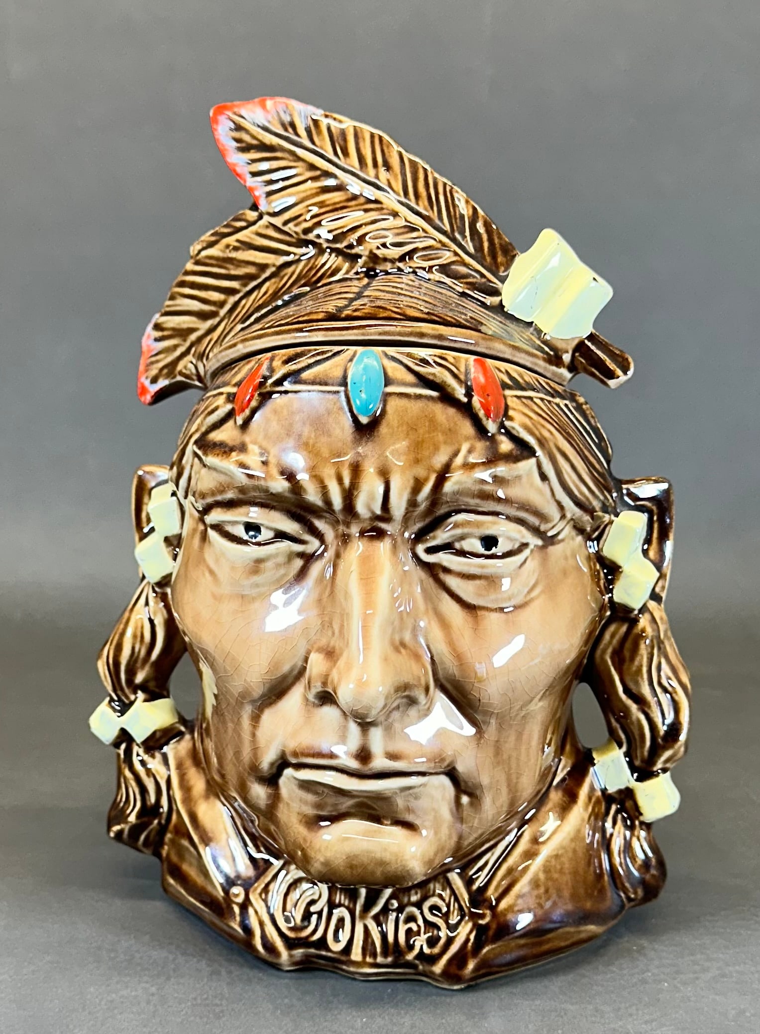 Indian Cookie Jar by McCoy: This is in amazing condition with 99% of the accent paint still in tact. Shipping dimensions given are for the item(s) grouped as prepared for packing & weight is with the packaging.