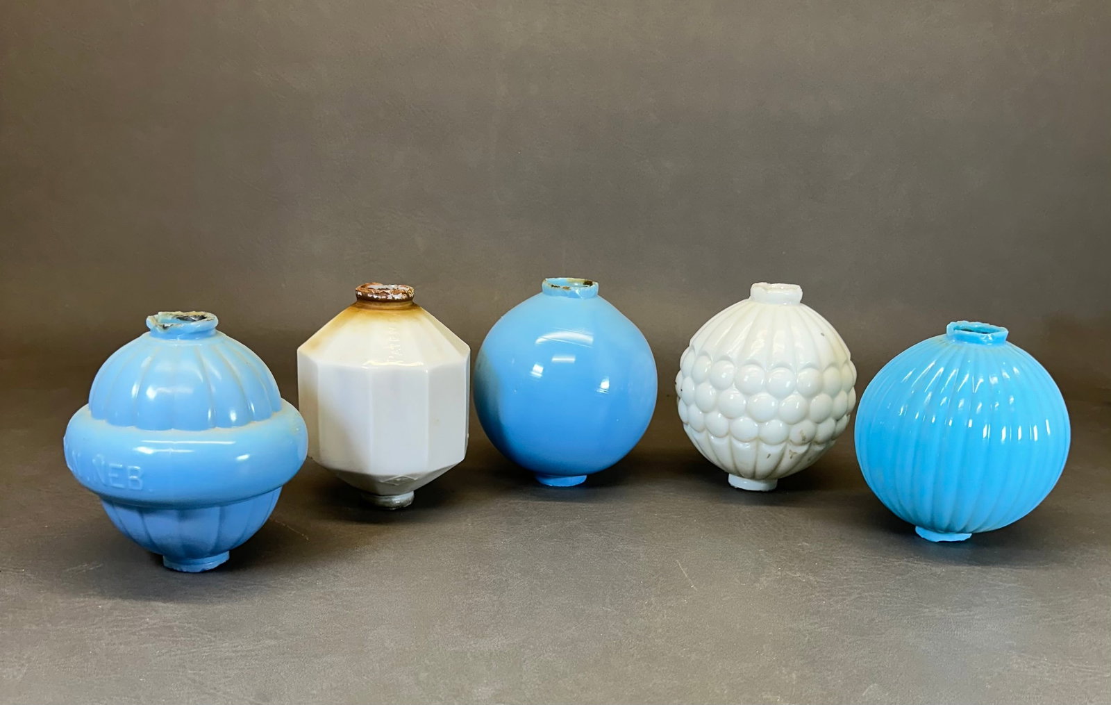5 Lightning Rod Globes: There are 2 with maker marks; The panel side one is patent by O&S, and the one blue one is by W.C. Shinn of Lincoln Nebraska. Shipping dimensions given are for the item(s) grouped as prepared for pack